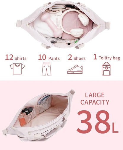 sportsnew Gym Travel Bag for Women, Large Travel Duffel with Shoe Compartment and Wet Pocket, Water Resistant Weekender Overnight Carry on Sports Tote Bags, Beige,Patent Pending