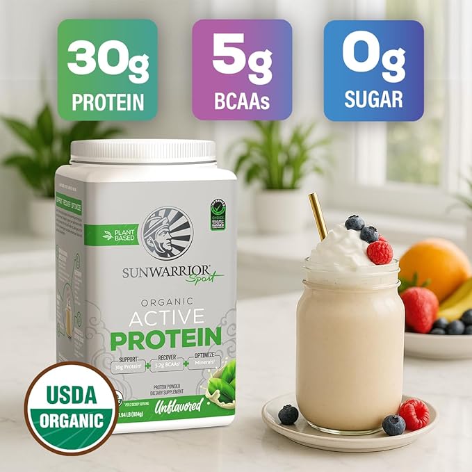 Sunwarrior Organic Plant Based Protein Powder | Vegan Organic Protein Powder with BCAA Amino Acids Plus Recovery Minerals & Botanicals | Non-GMO Soy Dairy & Gluten Free (Unflavored, 20 Servings)