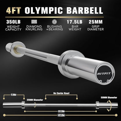 RITFIT Olympic Barbell 4ft/4.8ft/6ft - 2 Inch Weight Bar for Strength Training, Weightlifting, Squat, Deadlift, Bench Press, Curl, Overhead Press - 350lbs/500lbs Capacity
