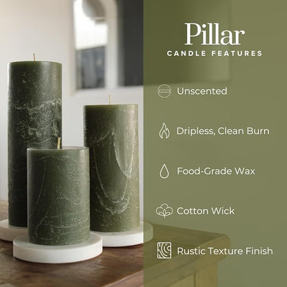 Simply Soson Rustic 2.75"x4"Dark Moss Green Pillar Candles Set of 3-Unscented Candles - Large Candle for Candle Holders-Velas Decorativas Green Candles Pillar Colored Candles Fall Pillar Candles Bulk