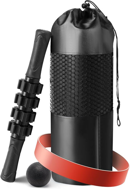 5 in 1 Foam Roller Set - Trigger Point Foam Back Roller, Muscle Roller Stick, Massage Ball, Stretching Band for Deep Muscle Massage Pilates Yoga,Fitness Exercise for Whole Body Release (Pure Black)