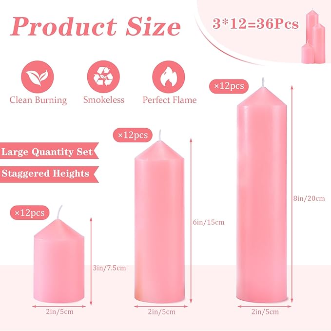 36 Pcs Pink Pillar Candles Bulk Set，Hurricane Candlesï¼? Different Lengths (12 Each)，Dripless Unscented Smokeless，Gives You a Better Atmosphere When Organizing Wedding or Event Party.