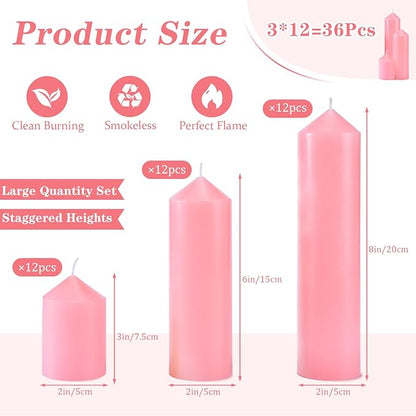 36 Pcs Pink Pillar Candles Bulk Set，Hurricane Candlesï¼? Different Lengths (12 Each)，Dripless Unscented Smokeless，Gives You a Better Atmosphere When Organizing Wedding or Event Party.