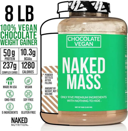 NAKED Vegan Mass - Chocolate Vegan Weight Gainer - 1,280 Calories, Non-GMO, Soy & Gluten Free, No Artificial Ingredients - 8LB Bulk - 11 Servings