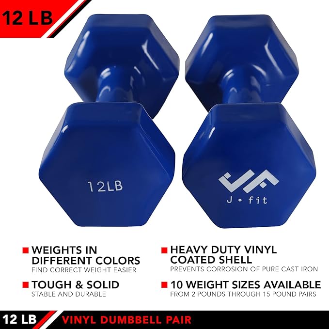JFIT Dumbbell Pairs or Sets – Neoprene & Vinyl Coated Hand Weights for Home Gym, Strength Training, Aerobics, Cardio Exercise and Fitness