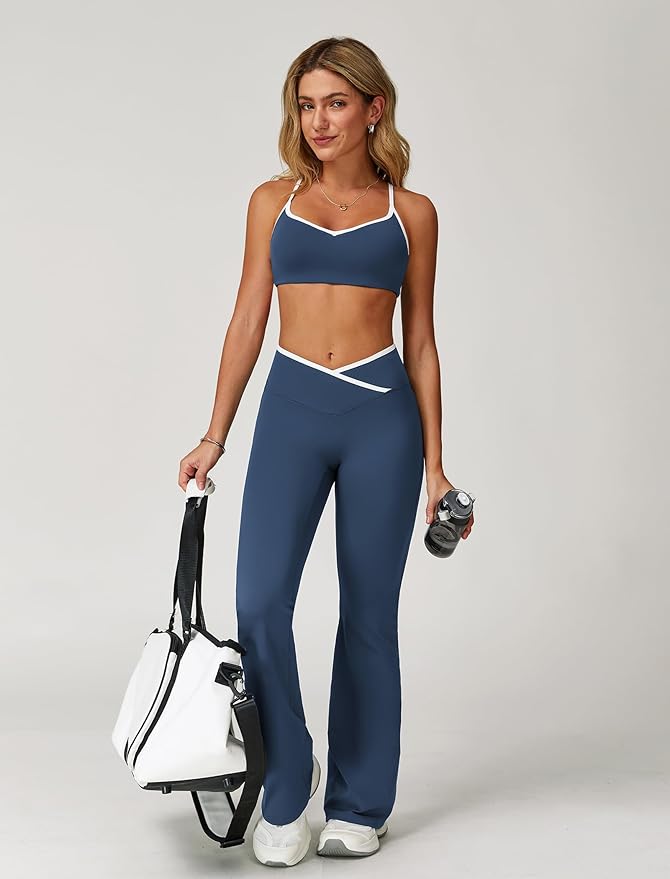 ABOCIW Workout Sets for Women 2 Piece Color Block Strappy Sports Bra High Waist Leggings Gym Yoga Pilates Outfits