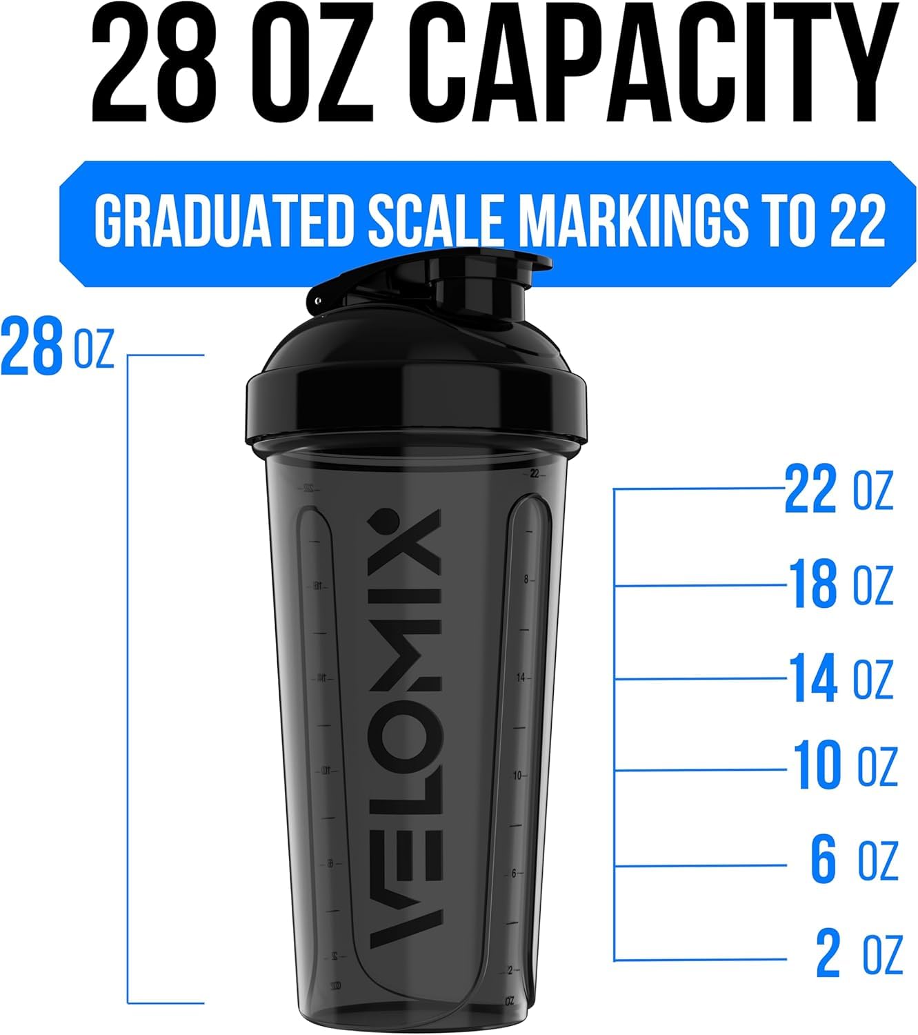 VELOMIX 6 Pack 28oz Shaker Cups for Protein Shakes, Blacks to Transparent