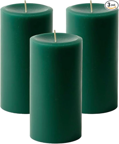 Mister Candle Dripless Unscented Pillar Candles, Set of 3 Hand Poured Hunter Green Pillar Candles, Solid Color Non-Scented Candles for Home Decor, Premium Wax, 80 Hr Burn Time, 3x6 Inch