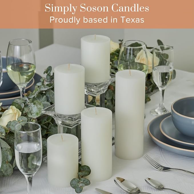 Simply Soson 3x6 inch White Pillar Candles Set of 6, Smooth Texture, Unscented White Candles, Dripless Candles, 3 inch Pillar Candles Ideal as Wedding, Parties, Spas, Dinner, Home Decoration, Church