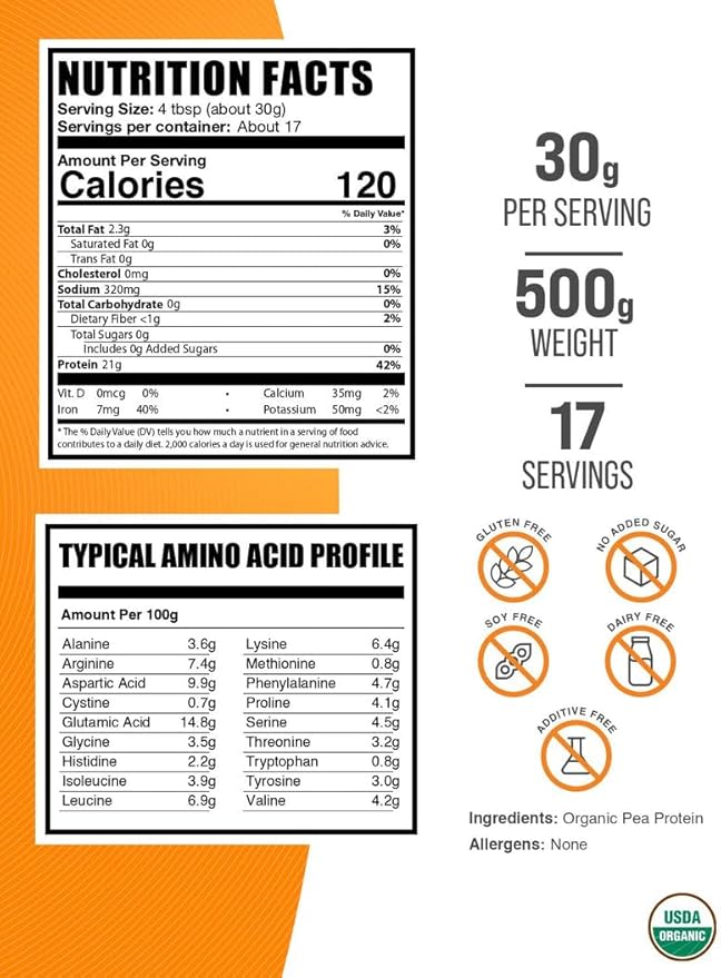 BulkSupplements.com Organic Pea Protein Powder - Plant Based & Vegan Protein Powder - Unflavored & Gluten Free, 30g per Serving, 500g (1.1 lbs) (Pack of 1)