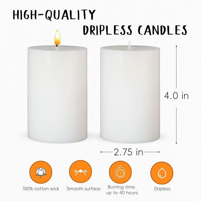6 Packs Dripless White Pillar Candles, Unscented 2.75x4 Inch Cylinder Wax Candles for Home Table Holiday Party Spa Decor Emergency
