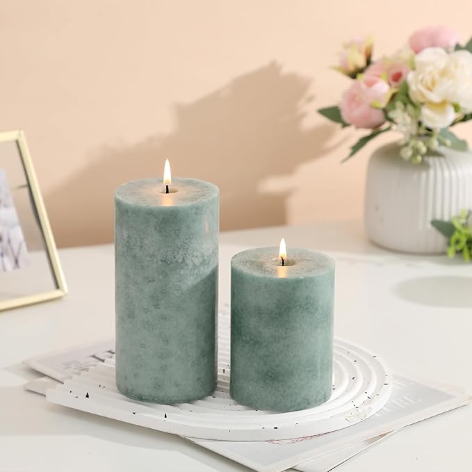 3x6 inch Green Pillar Candles Set of 3, Unscented Pillar Candle, Dripless and Smokeless Large Candles, Candle for Home Decor, Dinner Table,Weddings, Holidays