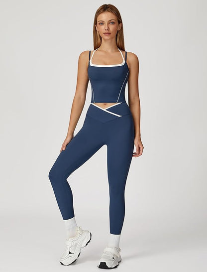 ABOCIW Workout Sets for Women 2 Piece Color Block Strappy Sports Bra High Waist Leggings Gym Yoga Pilates Outfits