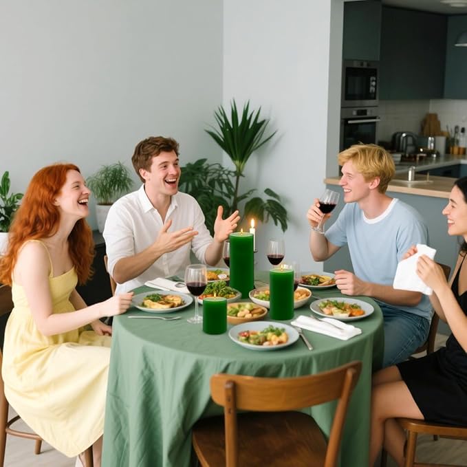 3 Packs Different Size Green Pillar Candles, Unscented Non-Toxic Dripless 3x4, 3x6, 3x8 Inch Solid Colored Cylinder Candles for Wedding, Home Decor, Dinner Table, Party, Power Outage, Emergency