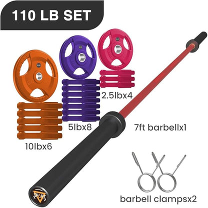 7FT Olympic Barbell Bar with Weight Plate Set Combo, Solid Olympic Bar with Bearings, 700Lbs Capacity Weight Bar for Home Gym Strength Training, Weightlifting, Powerlifting, Fit for 2" Olympic Plates