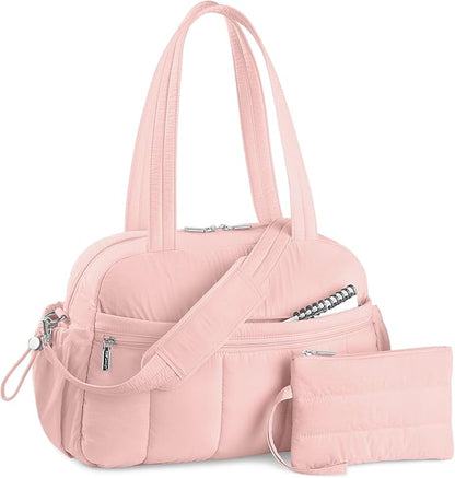 TOPDesign Travel Duffel Bag for Women, Puffer Gym Bag Sports Tote with Wet Pocket, Carry On Weekender with Luggage Sleeve (Pink)