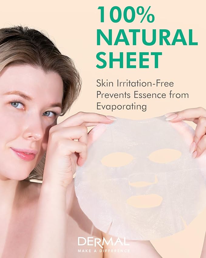 DERMAL Green Tea Collagen Essence Facial Mask Sheet 23g Pack of 10 - Hydrating and Soothing for Sensitive Oily Skin, Revitalize Dull Skin, Daily Skin Treatment Solution Sheet Mask