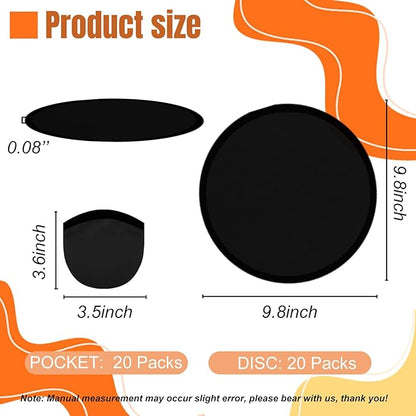 20PCS Foldable Flying Disc Fans with Bags, 9.8'' DIY Handheld Black Egde Fabric Folding Fan for Outdoor Game Activities Birthday Party Favors Gifts, Black
