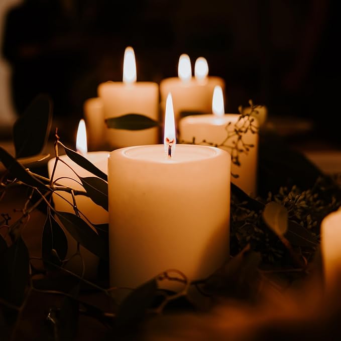 12 White Pillar Candles, 3x4 Inches Unscented Pillar Candles for Home,Wedding,Church, Dripless and Smokeless Table Candles Pillar, White Candles for Party, Relaxing, Approx 50 Hours Long Burning Time