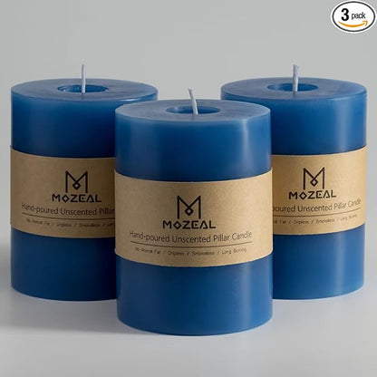 MOZEAL 3" x 4" Hand-Poured Unscented Candle,Dripless Pillar Candle Set of 3,Long Clean Burning,Approx 72 Hours Burn Time,Rustic Country Style,Wedding,Dinner,Christmas and Home Decor,Blue