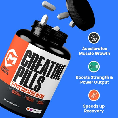 Crazy Muscle Creatine Pills, 5g 3X Pure Creatine Monohydrate, Pre Workout Bulk Muscle Mass Gainer, High Absorption Easy to Take ThreeAtine 3 Type Optimum Performance for Lean Growth, 90 Tablets