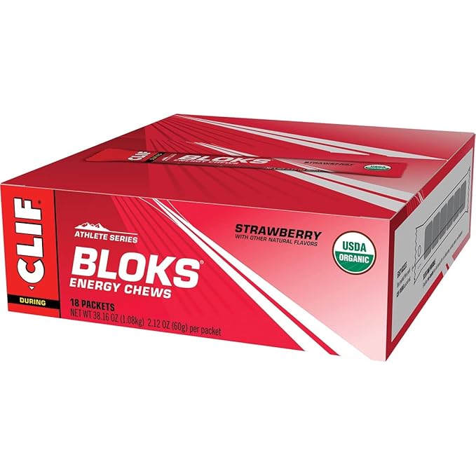 CLIF BLOKS - Strawberry Flavor - Energy Chews - Non-GMO - Plant Based - Fast Fuel for Cycling and Running - Quick Carbohydrates and Electrolytes - 2.12 oz. (18 Count)