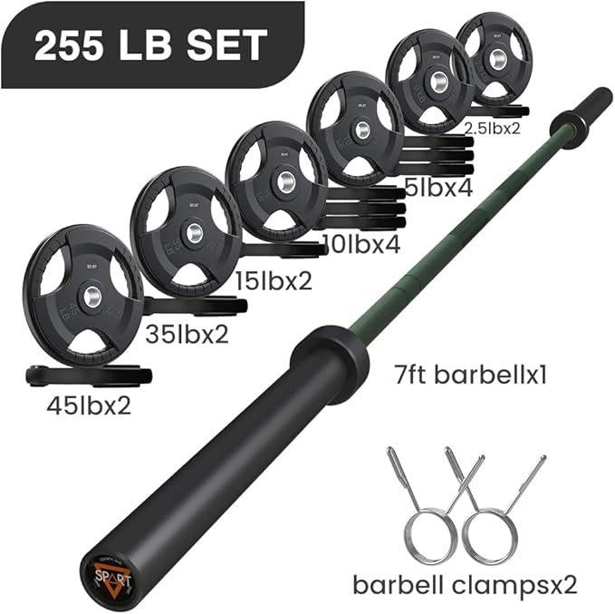 7FT Olympic Barbell Bar with Weight Plate Set Combo, Solid Olympic Bar with Bearings, 700Lbs Capacity Weight Bar for Home Gym Strength Training, Weightlifting, Powerlifting, Fit for 2" Olympic Plates