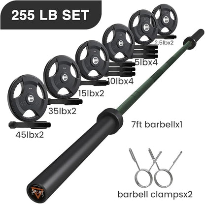 7FT Olympic Barbell Bar with Weight Plate Set Combo, Solid Olympic Bar with Bearings, 700Lbs Capacity Weight Bar for Home Gym Strength Training, Weightlifting, Powerlifting, Fit for 2" Olympic Plates