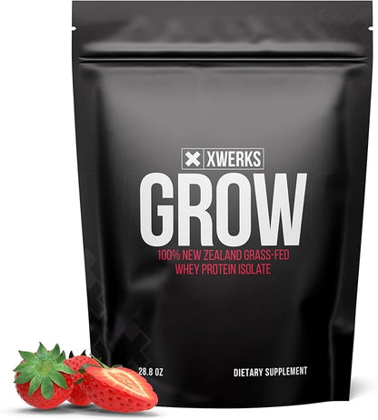 Xwerks Grow 100% New Zealand Grass Fed Whey Protein, 25g Pure Isolate Protein Powder Per Serving, All Natural Paleo and Keto Friendly, Soy Free Gluten Free Easy to Digest, Strawberry, 30 Servings