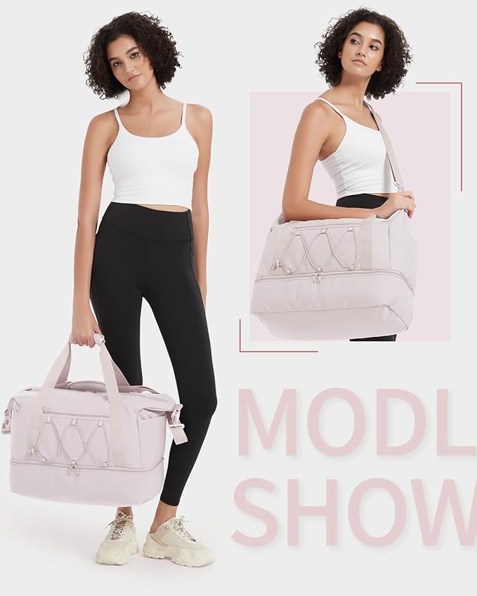 sportsnew Gym Travel Bag for Women, Large Travel Duffel with Shoe Compartment and Wet Pocket, Water Resistant Weekender Overnight Carry on Sports Tote Bags, Beige,Patent Pending