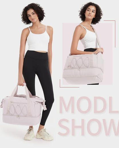 sportsnew Gym Travel Bag for Women, Large Travel Duffel with Shoe Compartment and Wet Pocket, Water Resistant Weekender Overnight Carry on Sports Tote Bags, Beige,Patent Pending