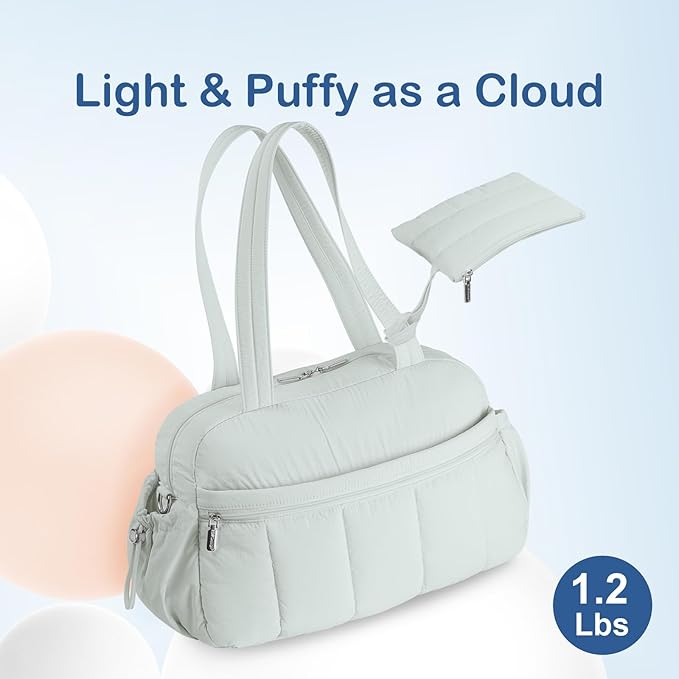 TOPDesign Travel Duffel Bag for Women, Puffer Gym Bag Sports Tote with Wet Pocket, Carry On Weekender with Luggage Sleeve (Serene Blue)