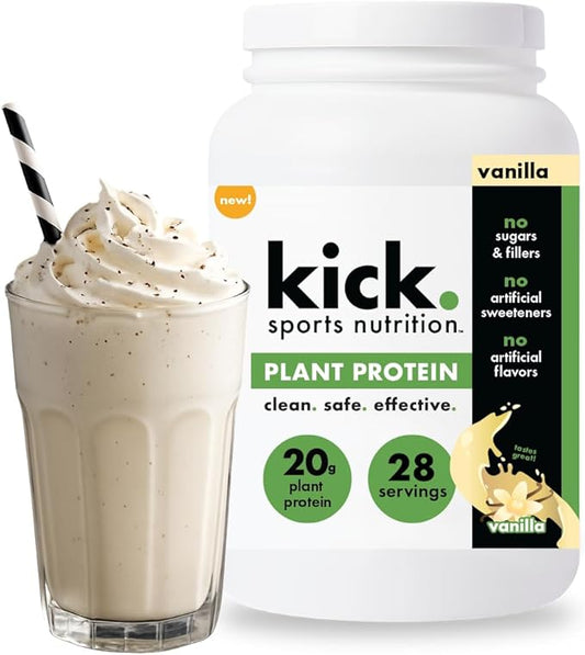 Kick Plant Protein Powder, Vanilla Flavor, 20 G Protein, Gluten Free Workout Supplement with Aminos