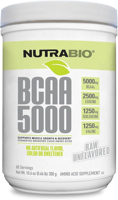 NutraBio BCAA 5000 Powder - Fermented Branched Chain Amino Acids for Muscle Growth & Recovery - Natural Flavors, Sweeteners, and Coloring, Vegan, Gluten Free - Unflavored, 60 Servings