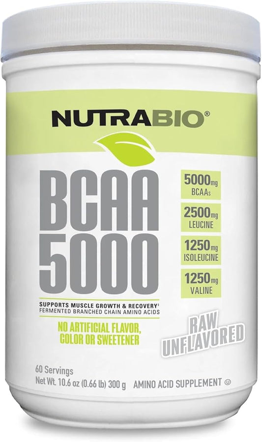 NutraBio BCAA 5000 Powder - Fermented Branched Chain Amino Acids for Muscle Growth & Recovery - Natural Flavors, Sweeteners, and Coloring, Vegan, Gluten Free - Unflavored, 60 Servings