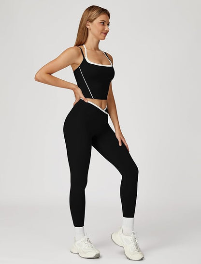 ABOCIW Workout Sets for Women 2 Piece Color Block Strappy Sports Bra High Waist Leggings Gym Yoga Pilates Outfits