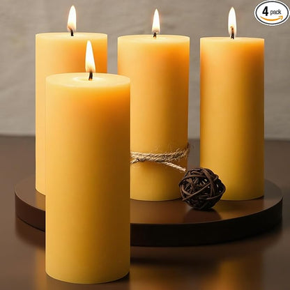 2x5 Inch Beeswax Candles, 4 Packs, 100% Natural Beeswax Pillar Candles, 52 Hours Burn Time, Pure Emergency Candle Long Burning for Home Decor, Gift Sending, Smokeless & Dripless