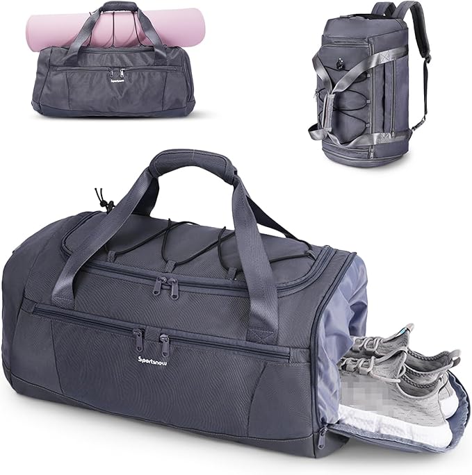Sportsnew Gym Bag for Women with Shoe Compartment Wet Pocket and Yoga Mat Holder,Mens Duffel Bag for Travel with Laptop Compartment,Weekender Overnight Carry On Bag for Men(Grey Patent Pending)
