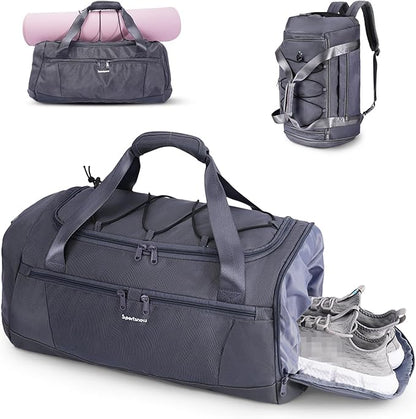 Sportsnew Gym Bag for Women with Shoe Compartment Wet Pocket and Yoga Mat Holder,Mens Duffel Bag for Travel with Laptop Compartment,Weekender Overnight Carry On Bag for Men(Grey Patent Pending)