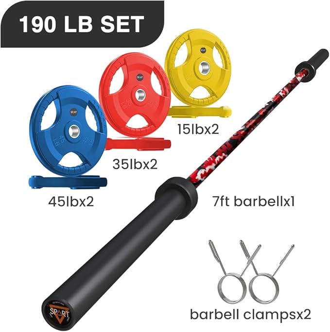 7FT Olympic Barbell Bar with Weight Plate Set Combo, Solid Olympic Bar with Bearings, 700Lbs Capacity Weight Bar for Home Gym Strength Training, Weightlifting, Powerlifting, Fit for 2" Olympic Plates