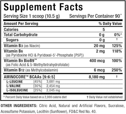 ALLMAX Nutrition AMINOCORE BCAA, Pink Lemonade - 945 g Powder - 8.18 Grams of Branched Chain Amin Acids Per Serving - with B Vitamins - No Fillers or Non-BCAA Aminos - Sugar Free - 90 Servings