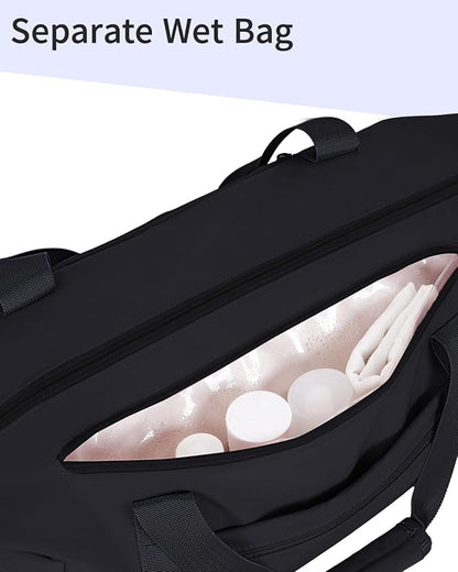 sportsnew Gym Travel Bag for Women, Large Travel Duffel with Shoe Compartment and Wet Pocket, Water Resistant Weekender Overnight Carry on Sports Tote Bags, Black, patent pending