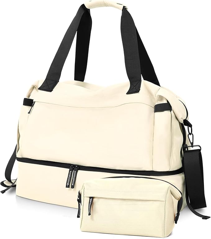 Gym Bag for Men Women, Tactical Travel Duffel bag with Removable Dividers & Shoe Compartment, Weekender Carry on Bag with Toiletry Bag, Overnight Range Bag for Workout Soccer Yoga Gym (White)