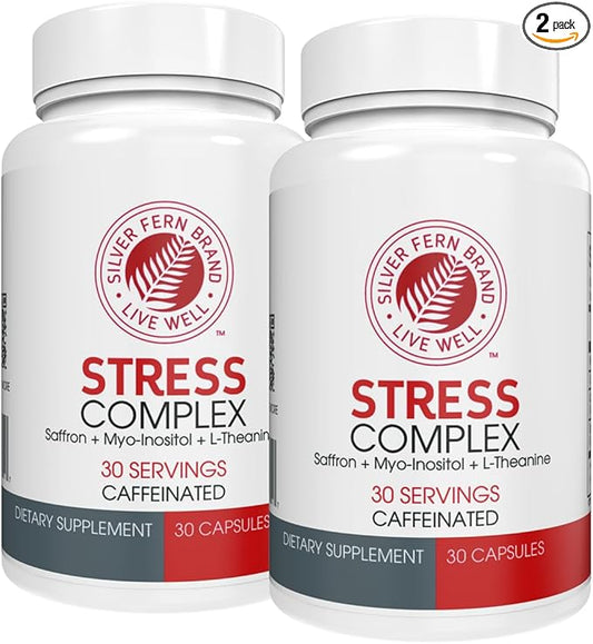 Silver Fern Stress Complex Supplement - with Caffeine - Sleep, Worry, Mood & More - with Saffron