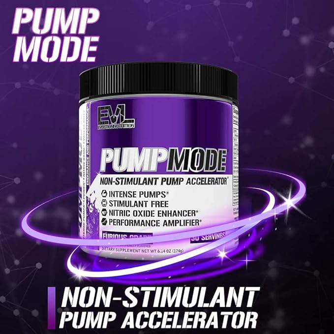 EVL PumpMode Nitric Oxide Supplement - Nitric Oxide Booster Pump Pre Workout Powder with Glycerol and Betaine for Muscle Recovery Growth and Endurance - Stim Free Pre Workout Drink (Furious Grape)