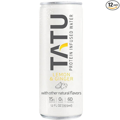 TATU Ready-To-Drink Protein Infused Water Lemon Ginger 12 Pack. 15 grams of whey protein isolate, 0 grams of sugar, only 60 calories. Lemon Ginger and Orange Mango. Gluten Free, lactose free.