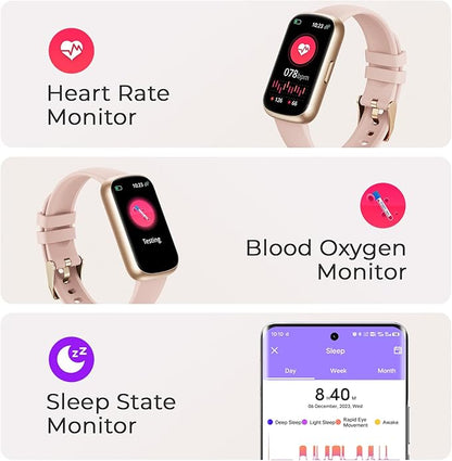 Fitness Tracker for Women Men, Smart Watch Band with 24/7 Heart Rate Blood Oxygen Sleep Monitor, Calories Step Tracker Pedometer 3ATM Waterproof Activity Tracker for Android iOS, Pink