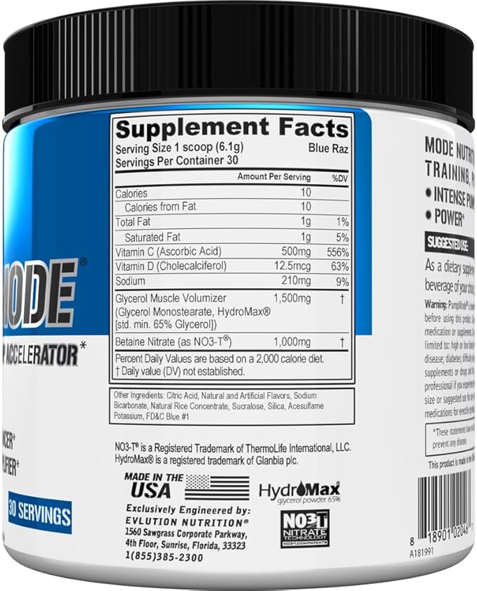 EVL PumpMode Nitric Oxide Supplement - Nitric Oxide Booster Pump Pre Workout Powder with Glycerol and Betaine for Muscle Recovery Growth and Endurance - Stim Free Pre Workout Drink (Blue Raz)