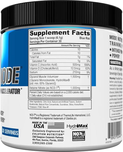 EVL PumpMode Nitric Oxide Supplement - Nitric Oxide Booster Pump Pre Workout Powder with Glycerol and Betaine for Muscle Recovery Growth and Endurance - Stim Free Pre Workout Drink (Blue Raz)