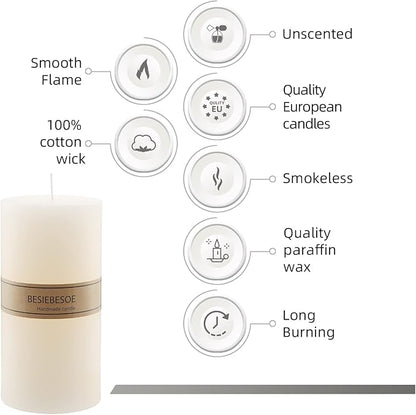3 x 8 Ivory Pillar Candles Set of 6 Unscented Handpoured Weddings, Home Decoration, Restaurants, Spa, Church Smokeless Cotton Wick 360 Hour